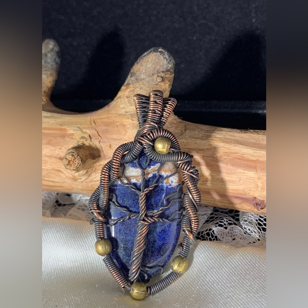 Handcrafted Sodalite Gemstone Copper Wire Wrapped Tree Of Life Pendant